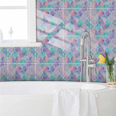 Stickers de Carrelage en Écailles de Poisson Marocains Violets Imperméables PVC Film Cristal Auto-adhésifs Pour Cuisine