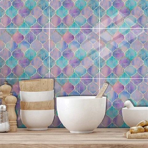 Stickers de Carrelage en Écailles de Poisson Marocains Violets Imperméables PVC Film Cristal Auto-adhésifs Pour Cuisine