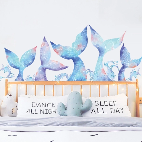 Watercolor Mermaid Tail Wall Decals DIY PVC Removable Stickers For Kids Room Nursery Bedroom Cupboard Decor Blue Purple