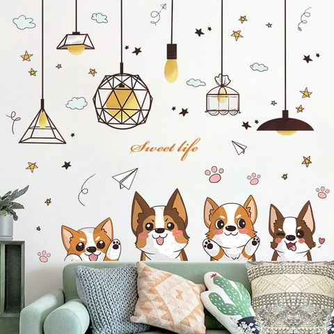 Sticker Mural Chien Corgi Dessin Animé Mignon Chiot Lampe Suspendue Autocollants Fai Da Te Sweet Life Art Mural En Vinyle Pour Chambre Enfant