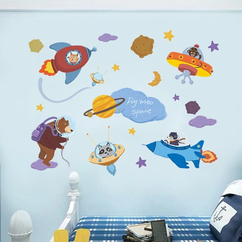 Cartoon Astronaut Space Animal Wall Stickers Rocket UFO Planet Stars Decoration Kids Room Nursery Kindergarten PVC Mural