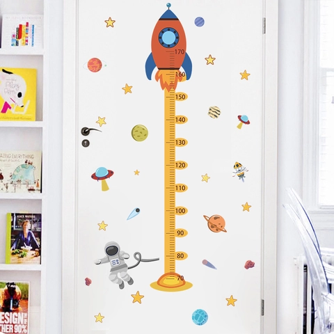 Cartoon Space Rocket Astronaut Height Growth Chart Wall Sticker PVC Measuring Ruler Decal For Kids Room Decoration