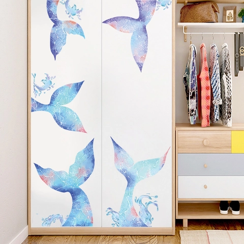 Watercolor Mermaid Tail Wall Decals DIY PVC Removable Stickers For Kids Room Nursery Bedroom Cupboard Decor Blue Purple