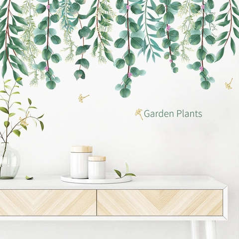 Nordic Garden Plants Eucalyptus Leaf Wall Stickers Green Vines PVC Waterproof Removable Mural For Living Room Bedroom Home Decor