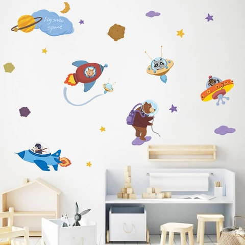 Cartoon Astronaut Space Animal Wall Stickers Rocket UFO Planet Stars Decoration Kids Room Nursery Kindergarten PVC Mural