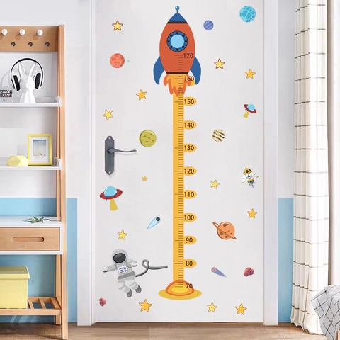 Cartoon Space Rocket Astronaut Height Growth Chart Wall Sticker PVC Measuring Ruler Decal For Kids Room Decoration