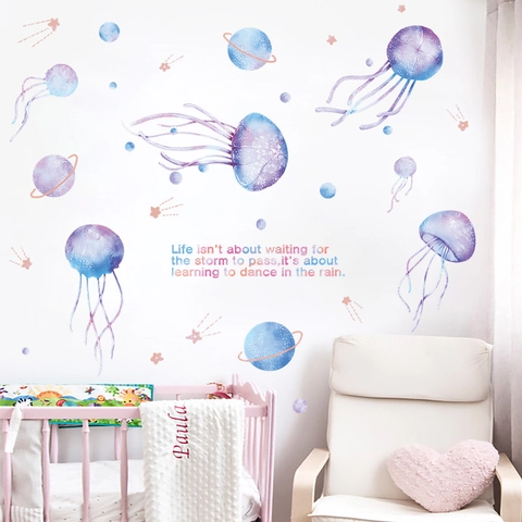 Watercolor Jellyfish Planet Wall Stickers Dreamy Ocean Starry Sky Removable PVC Decals For Kids Room Nursery Decor