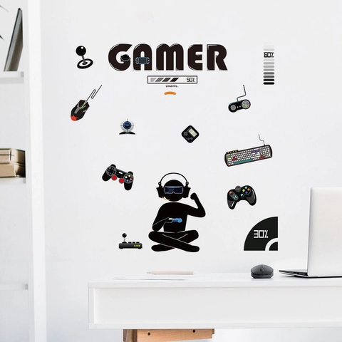 Gamer Wall Decal Gaming Controller Keyboard Silhouette Removable PVC Sticker For E-sports Game Room Bedroom Decor Modern Black Decal