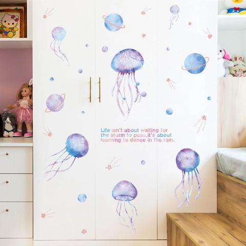 Watercolor Jellyfish Planet Wall Stickers Dreamy Ocean Starry Sky Removable PVC Decals For Kids Room Nursery Decor