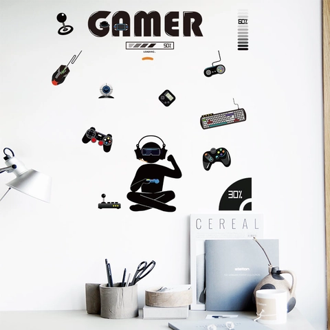 Gamer Wall Decal Gaming Controller Keyboard Silhouette Removable PVC Sticker For E-sports Game Room Bedroom Decor Modern Black Decal