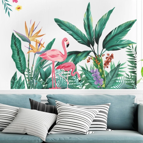 Sticker Mural Flamant Rose et Feuilles Tropicales en PVC Auto-adhésif Aquarelle Mural pour Décoration de Salon de Maison