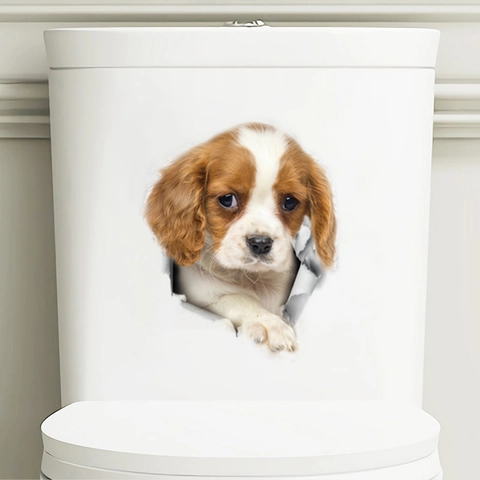 3D Realistic Cavalier King Charles Spaniel Hole Wall Sticker PVC Waterproof Removable Toilet Decal Fridge DIY Home Decor