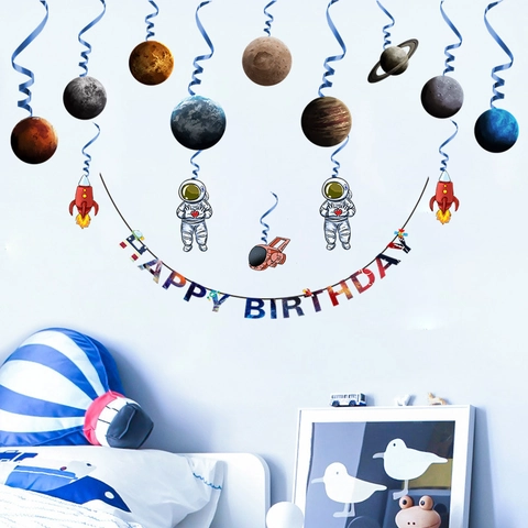Cartone Animato Spazio Astronauta Pianeta Compleanno Festa Decorazione PVC Adesivo da Parete Set per Bambini Camera Asilo