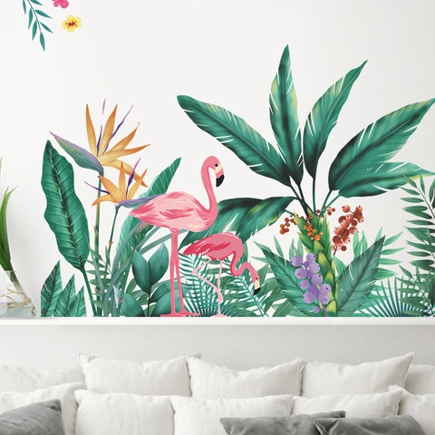 Sticker Mural Flamant Rose et Feuilles Tropicales en PVC Auto-adhésif Aquarelle Mural pour Décoration de Salon de Maison