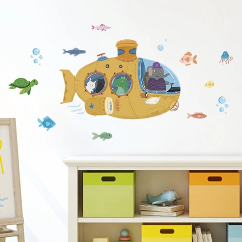 Adesivo da Parete Cartone Animato Sottomarino Animali Oceano Vita Marina PVC Impermeabile DIY Decalcomania per Cameretta Bagno