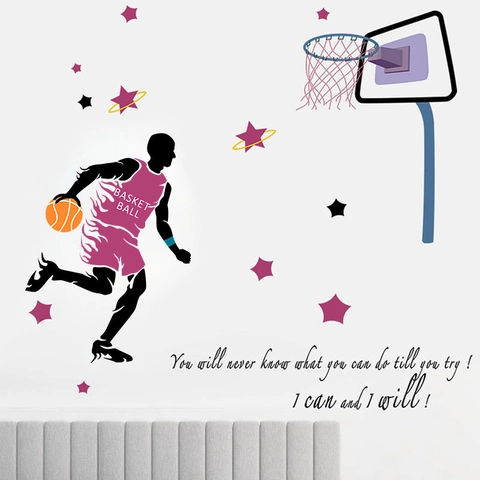 Sticker Mural Silhouette Joueur de Basketball Avec Citation Motivationnelle Étoiles Thème Sportif PVC Amovible Décoration