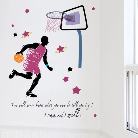 Sticker Mural Silhouette Joueur de Basketball Avec Citation Motivationnelle Étoiles Thème Sportif PVC Amovible Décoration