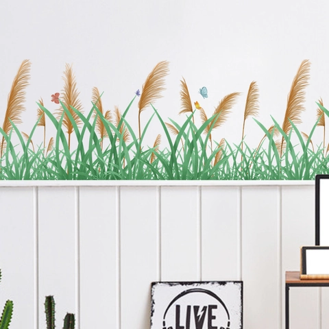 Pastorale PVC Wandtattoo Realistische Schilf Gras Schmetterling Muster Wasserdichte Wandaufkleber Für Wohnzimmer Dekor