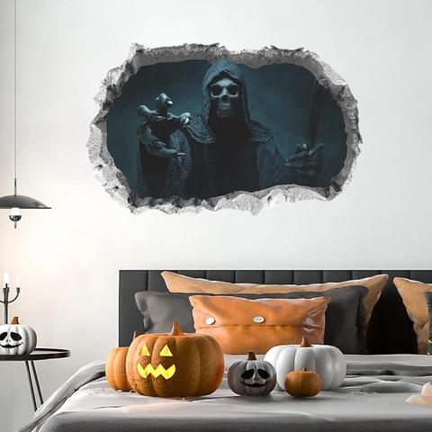 3D Zerstörte Wand Halloween Wandtattoo Skelett Sensenmann Selbstklebend Wasserdicht PVC Aufkleber Für Schlafzimmer Home Horror Deko