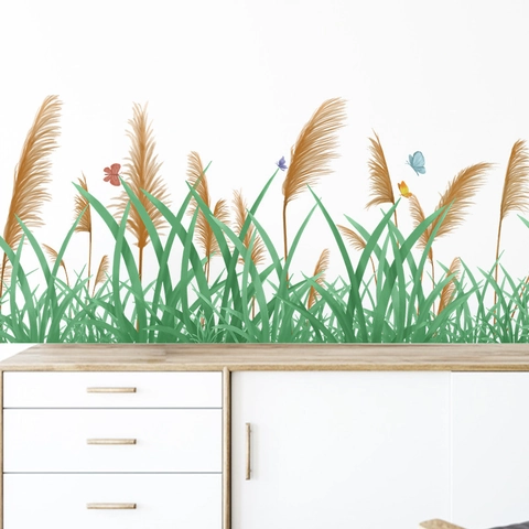 Pastorale PVC Wandtattoo Realistische Schilf Gras Schmetterling Muster Wasserdichte Wandaufkleber Für Wohnzimmer Dekor