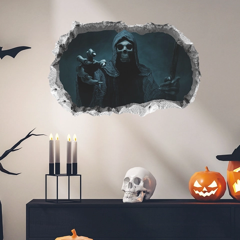 3D Zerstörte Wand Halloween Wandtattoo Skelett Sensenmann Selbstklebend Wasserdicht PVC Aufkleber Für Schlafzimmer Home Horror Deko