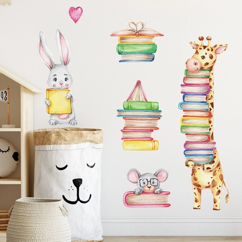 Aquarel Cartoon Giraffe Konijn Muis Boeken PVC Muurstickers Decoratieve Dieren Verwijderbare Muurstickers Voor Kinderkamer Babykamer