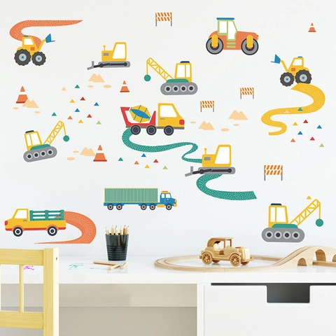 Cartoon Baufahrzeuge Wandaufkleber PVC Abnehmbare DIY Bagger Kran LKW Aufkleber Für Kinderzimmer Kindergarten Dekoration