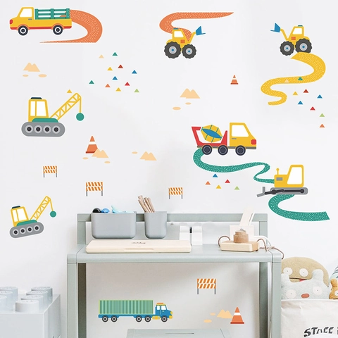 Cartoon Baufahrzeuge Wandaufkleber PVC Abnehmbare DIY Bagger Kran LKW Aufkleber Für Kinderzimmer Kindergarten Dekoration