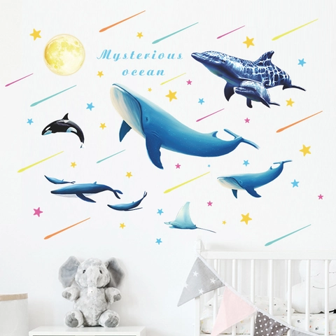 Cartoon Oceaanwereld Blauwe Walvis Muurstickers Voor Kinderkamer Slaapkamer DIY Verwijderbaar PVC Dier Zeeleven Decoratie