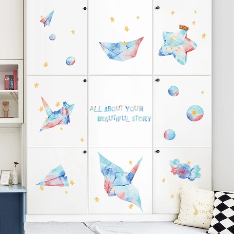 Aquarel Origami Kraanvogel Ster Planeet Muurstickers Verwijderbare DIY PVC Decals Voor Kinderkamer Slaapkamer Decor
