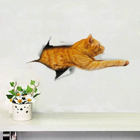 3D Kreative Orange Getigerte Katze Wandtattoo Loch-Effekt DIY Dekorativer Aufkleber Für Toilette Kühlschrank Auto Zuhause