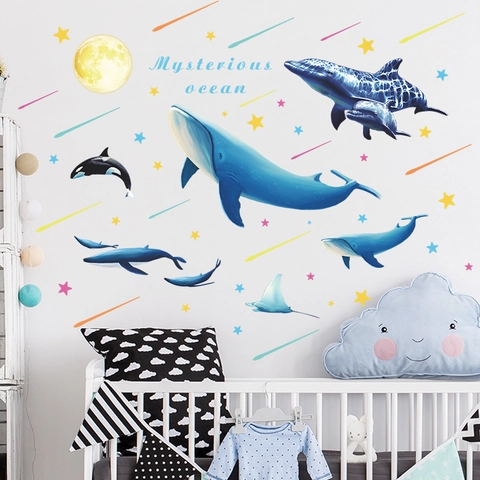 Cartoon Oceaanwereld Blauwe Walvis Muurstickers Voor Kinderkamer Slaapkamer DIY Verwijderbaar PVC Dier Zeeleven Decoratie