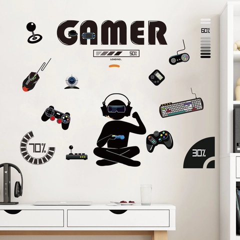 Gamer Muursticker Gaming Kamer Decoratie Voor Jongens Slaapkamer Controller Toetsenbord Muis Silhouette DIY Waterdichte PVC Muurschildering