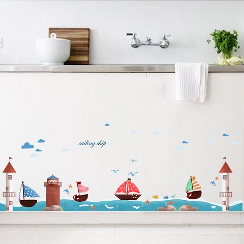 Cartoon Lighthouse Sailboat Wall Sticker For Kids Room Bathroom Waterproof PVC Nautical Theme Self-Adhesive Mural Decal