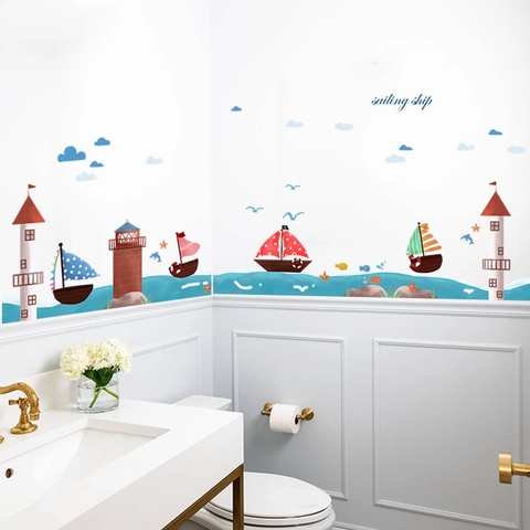 Cartoon Lighthouse Sailboat Wall Sticker For Kids Room Bathroom Waterproof PVC Nautical Theme Self-Adhesive Mural Decal