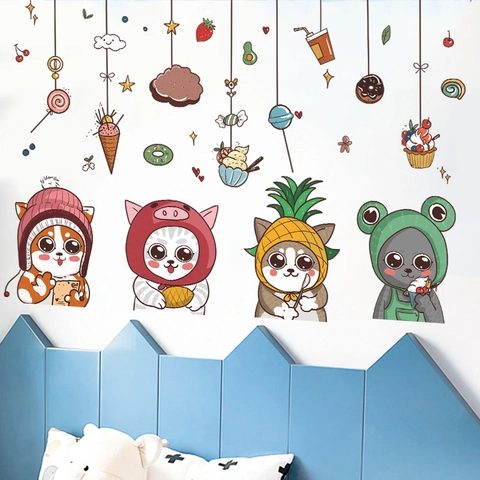 Adesivi da Parete Gatto Animato Removibili PVC Decalcomanie Motivo Dolci per Cameretta Bambini Decorazione Fai Da Te Murales