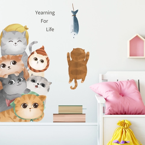 Niedliche Cartoon Katze Stapel Wandsticker PVC Abnehmbare DIY Wandtattoos Für Kinderzimmer Kindergarten Haus Deko