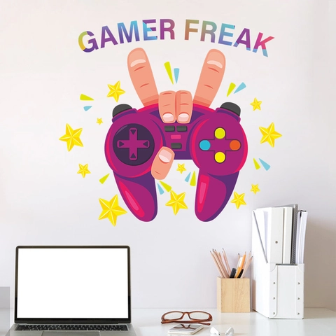 Gamer Freak Game Controller Wall Stickers For Boys Room Decor PVC Waterproof Cartoon Gamepad Wall Decal For Gaming Room