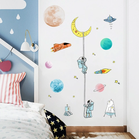 Cartoon Astronaut Ruimte Planeet Maan Muurstickers Voor Kinderkamer Slaapkamer PVC Waterdicht Raket UFO Muurstickers