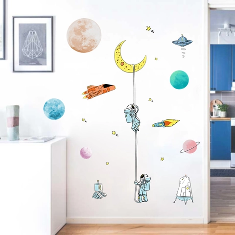 Cartoon Astronaut Ruimte Planeet Maan Muurstickers Voor Kinderkamer Slaapkamer PVC Waterdicht Raket UFO Muurstickers