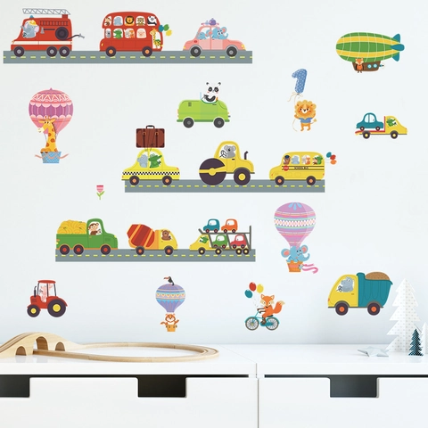 Cartoon Transport Tiere Wandaufkleber Für Kinderzimmer PVC Dekoratives Fahrzeug Bus Feuerwehr Wandtattoos Hausdekor