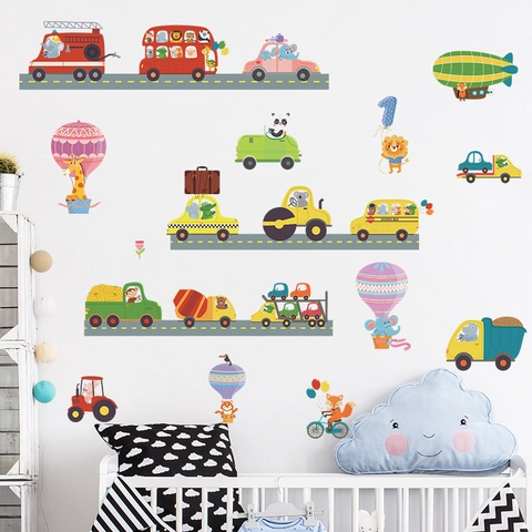 Cartoon Transport Tiere Wandaufkleber Für Kinderzimmer PVC Dekoratives Fahrzeug Bus Feuerwehr Wandtattoos Hausdekor