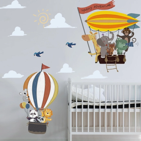 Cartoon Dieren Luchtballon Muurstickers Voor Kinderkamer Babykamer PVC Zelfklevend Decoratieve DIY Muurschildering Behang