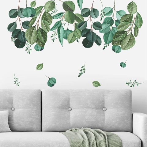 Pegatina de Pared de Hojas de Eucalipto en Acuarela PVC Verde Vides Colgantes Calcomanía para Sala de Estar Dormitorio Decoración