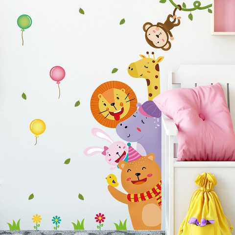 Cartoon Waldtiere Wandaufkleber Löwe Giraffe Affe Bär Für Kinderzimmer Kindergarten PVC Wasserdicht Selbstklebend Dekoration