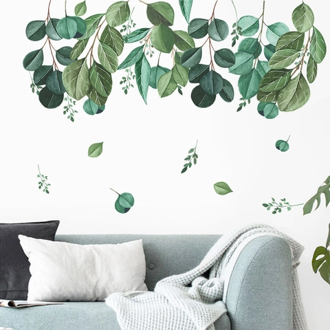 Pegatina de Pared de Hojas de Eucalipto en Acuarela PVC Verde Vides Colgantes Calcomanía para Sala de Estar Dormitorio Decoración
