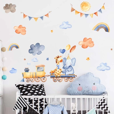 Vinilos Decorativos Tren Acuarela Dibujos Animados Elefante Jirafa PVC Extraíble Decoración Habitación Niños Arcoíris Nubes