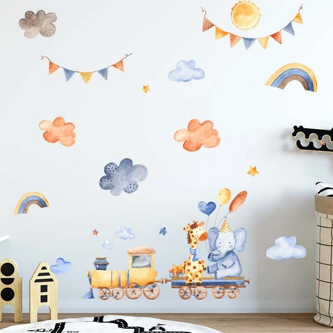 Vinilos Decorativos Tren Acuarela Dibujos Animados Elefante Jirafa PVC Extraíble Decoración Habitación Niños Arcoíris Nubes