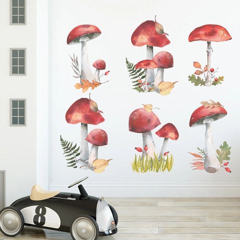 Adesivi da Parete Funghi Rossi Acquerello Foglie di Foresta Bacche Fai da Te PVC Autoadesivi per Camera dei Bambini Decorazione