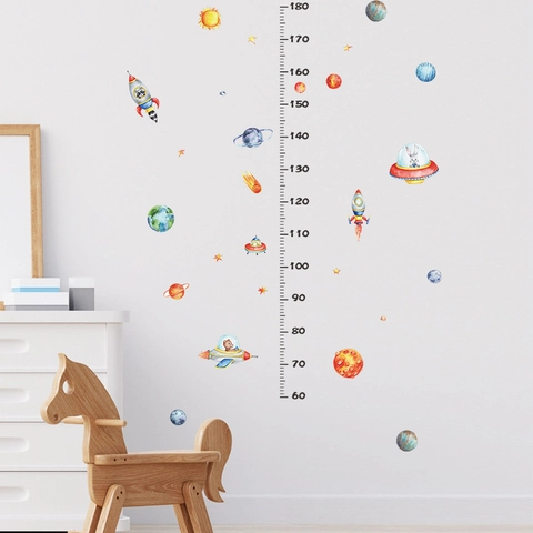 Space Rocket Growth Chart Wall Sticker For Kids Room Cartoon Planet UFO Height Ruler PVC Removable Nursery Decor Sticker
